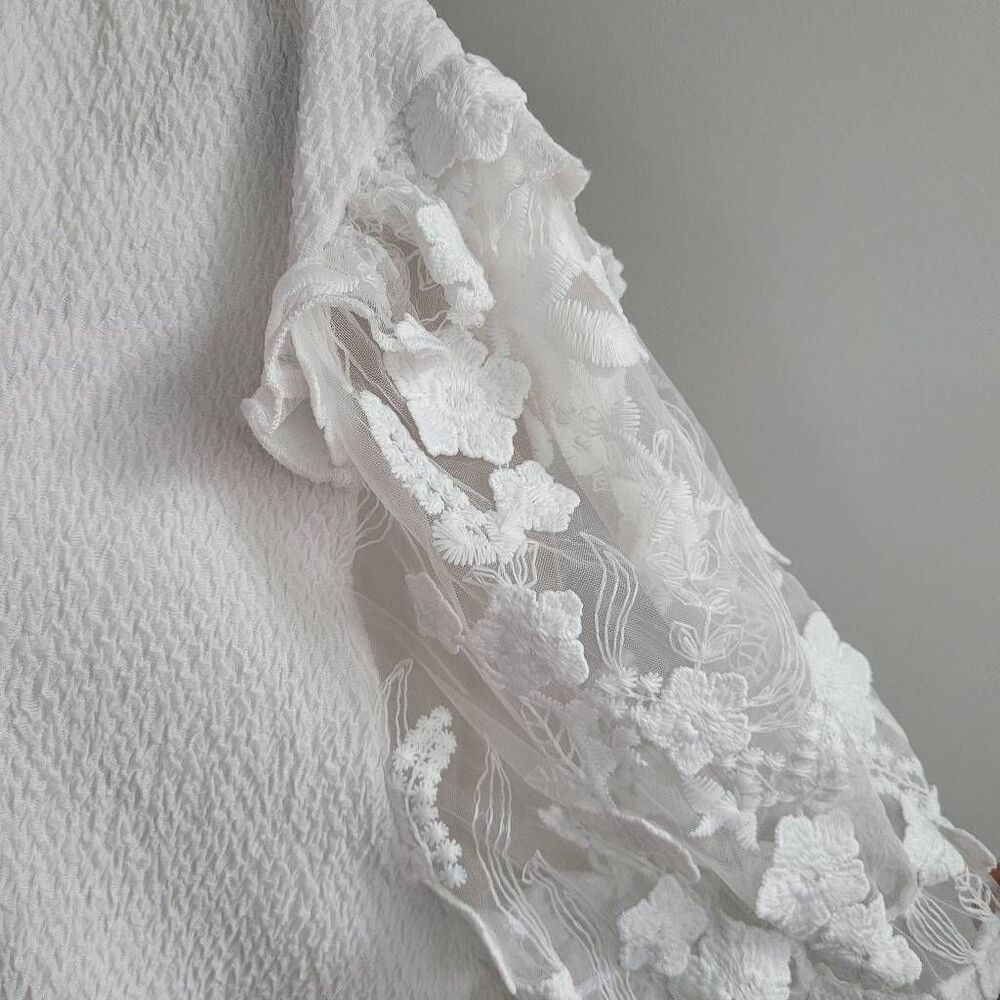 Alice Blue 3X white blouse crinkle textured fabric 3D floral sheer sleeves ruffl - Picture 4 of 11